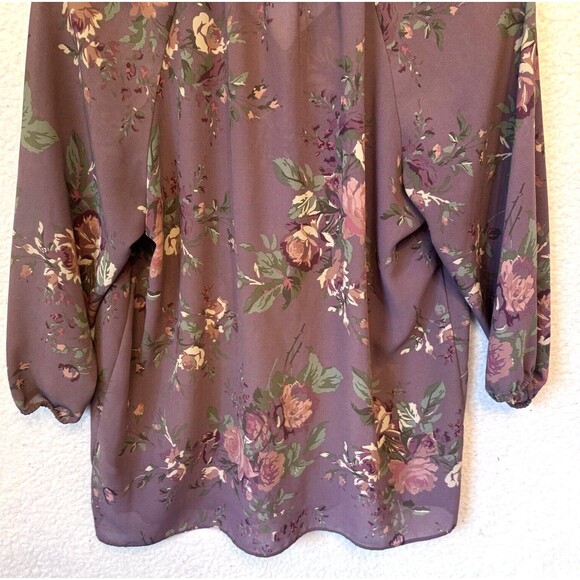 Chaps‎ Purple Mauve Pink Floral Semi-Sheer 3/4 Sleeve Vneck Top Blouse Large - Picture 4 of 10
